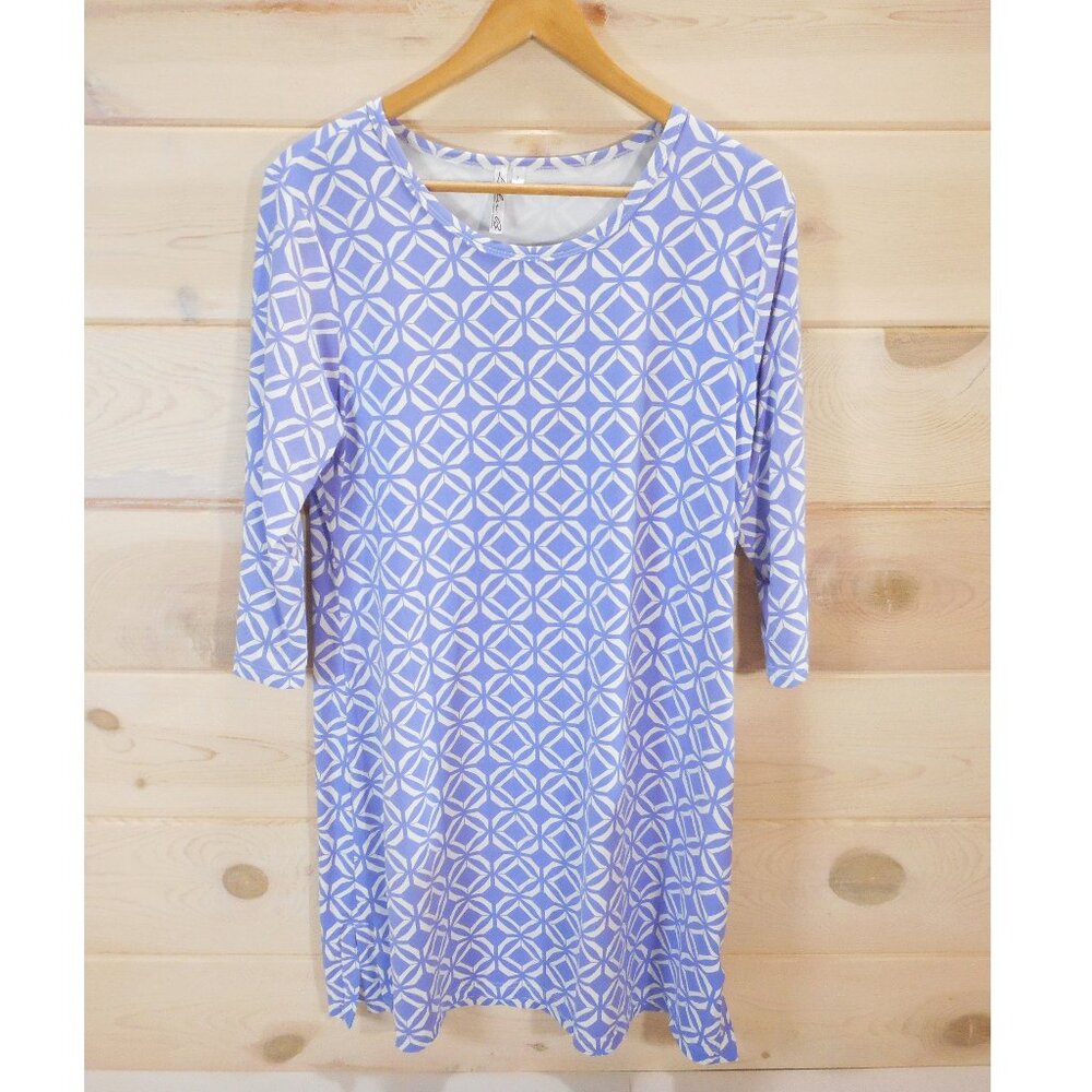 Lulu-B Women's size L Dress Periwinkle Blue 3/4 Sleeve Coastal Cruise Geometric